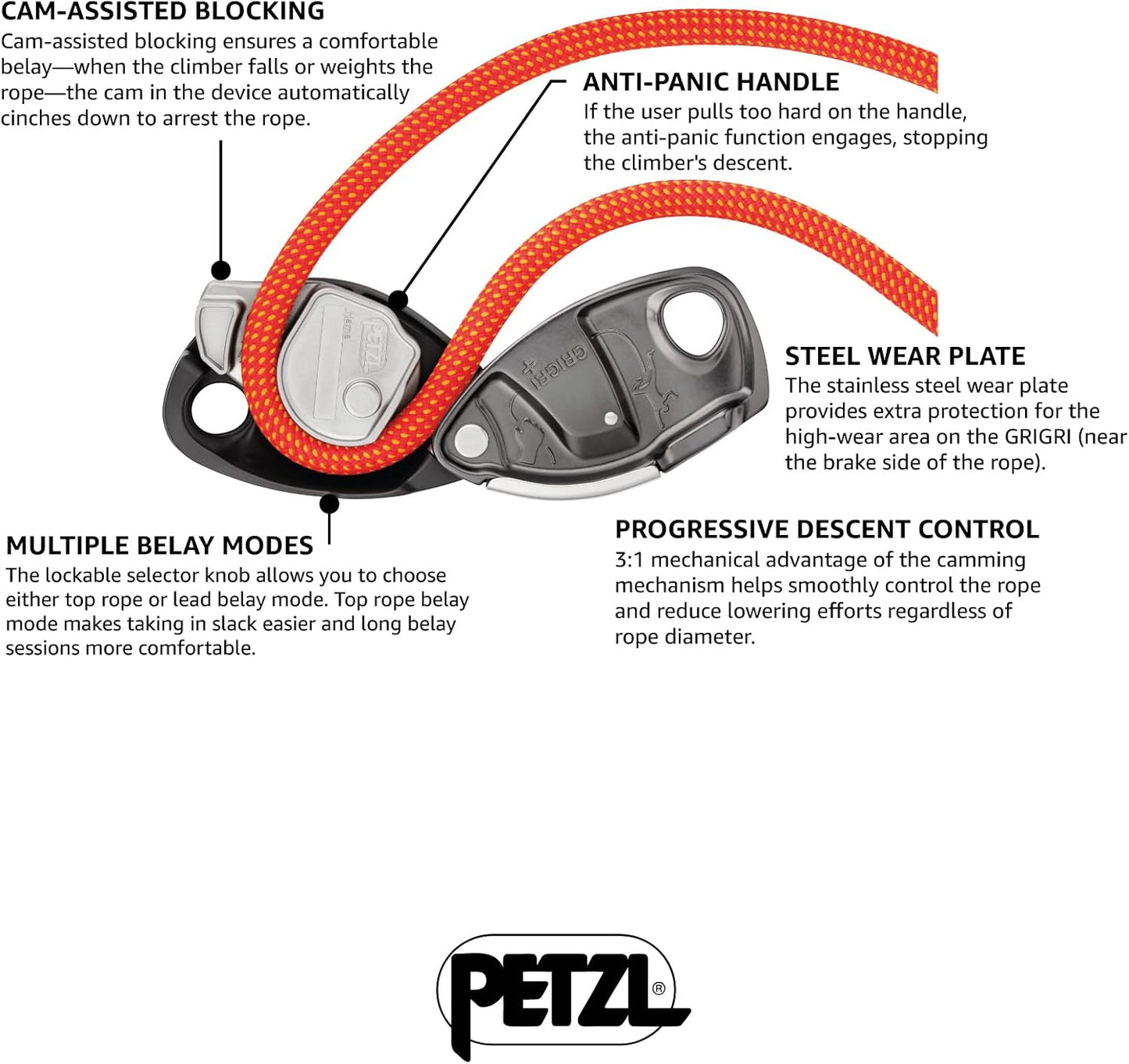 PETZL GRIGRI + Belay Device with Cam-Assisted Blocking and Anti-Panic Handle, Suitable for Learners and Intensive Use - Purple