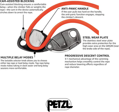 PETZL GRIGRI + Belay Device with Cam-Assisted Blocking and Anti-Panic Handle, Suitable for Learners and Intensive Use - Purple